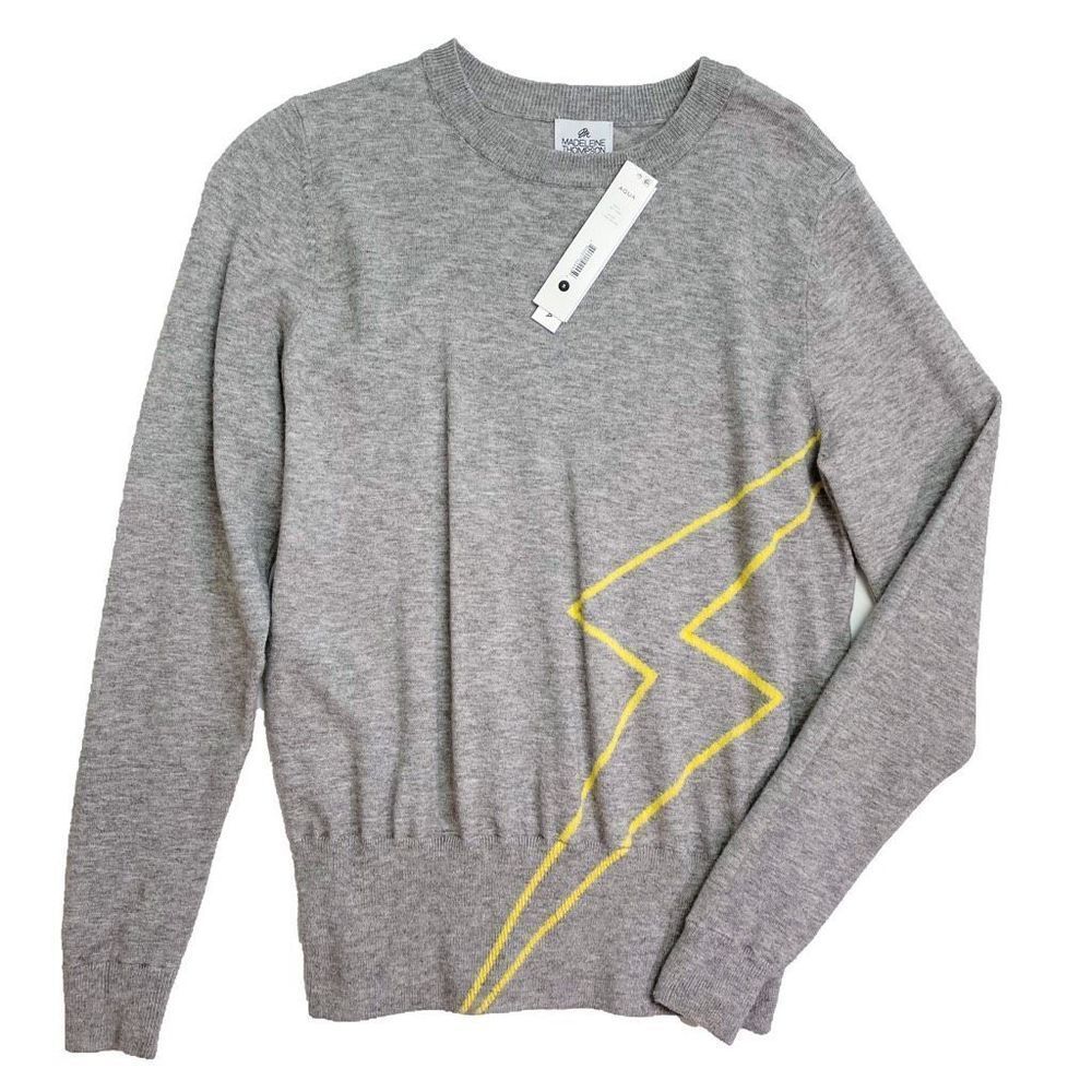 AQUA X Madeleine Thompson Thunderbolt Pullover Crew Sweater Heather Grey S NWT